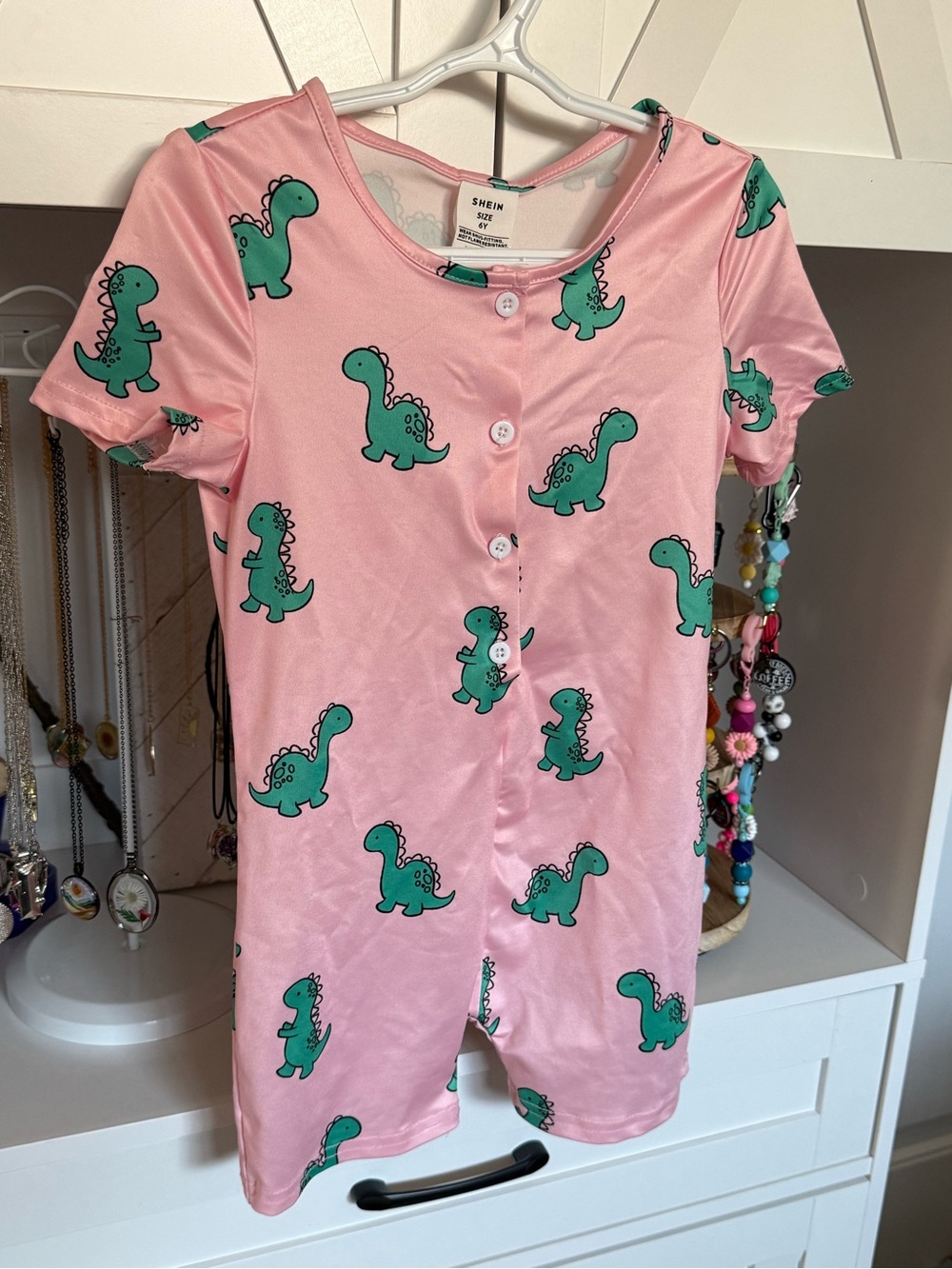 SHEIN Pink Dino Print Button Romper